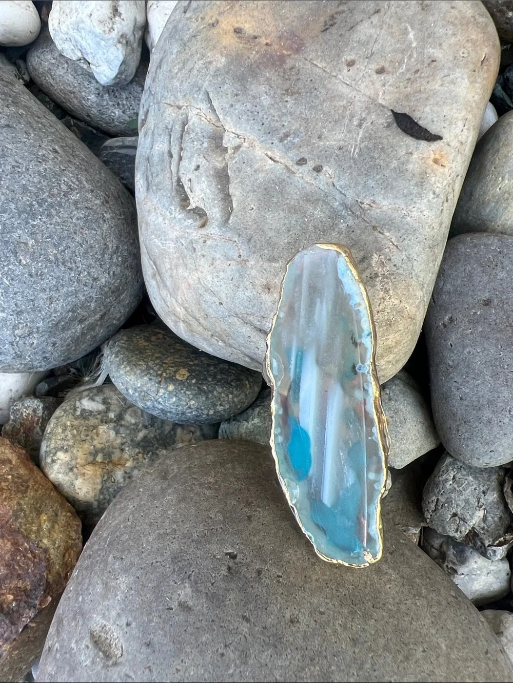 Blue Agate Statement Ring with Gold Trim